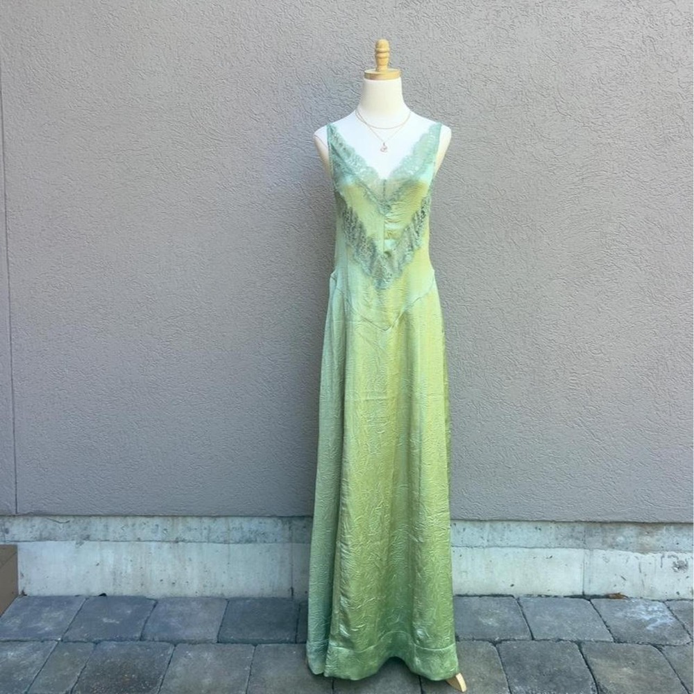 Free People Maybe Forever Soft Moss Green Maxi Slip Dress Size 8 NEW
